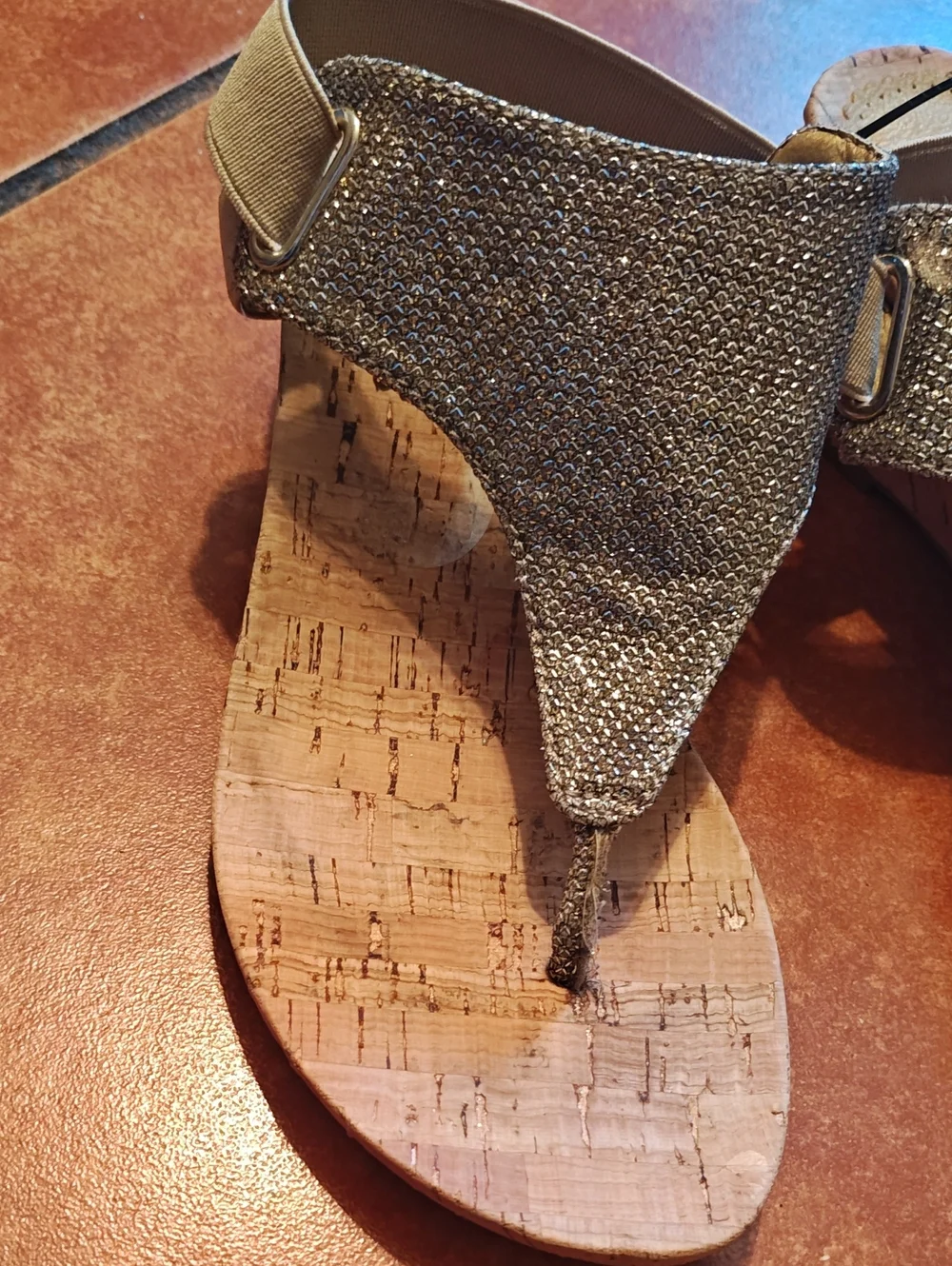 White Mountain Gold Glitter Cork Thong Sandals with Elastic Back
